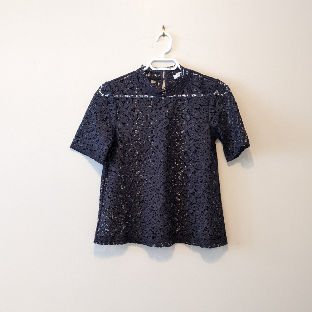 LOFT Grey Lace Top High Neck Short Sleeves